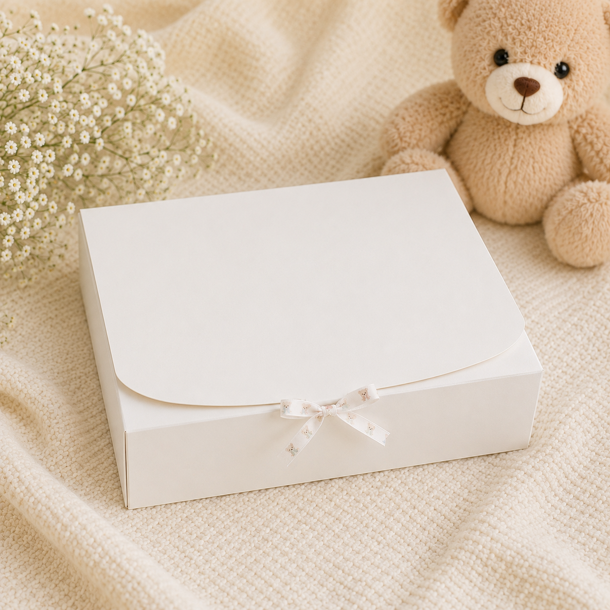 A plain white rectangular gift box with a folded flap and a small white bow tied at the front, placed on a soft cream textured blanket with baby's breath flowers and a teddy bear in the background.